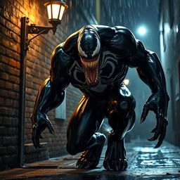 A large, menacing creature inspired by the character Venom, featuring a glossy black symbiote suit with white spider emblem, sharp fang-filled grin, and a muscular physique