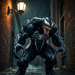 A large, menacing creature inspired by the character Venom, featuring a glossy black symbiote suit with white spider emblem, sharp fang-filled grin, and a muscular physique