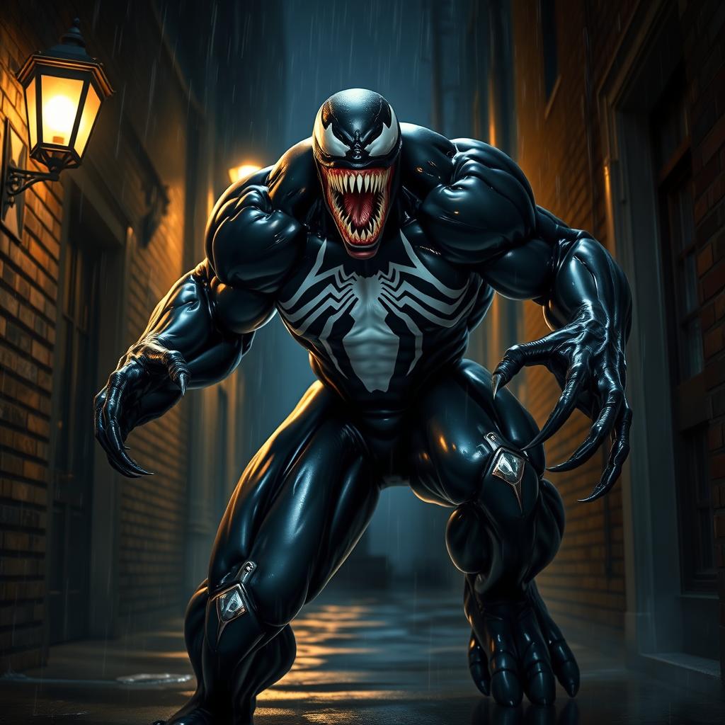 A large, menacing creature inspired by the character Venom, featuring a glossy black symbiote suit with white spider emblem, sharp fang-filled grin, and a muscular physique