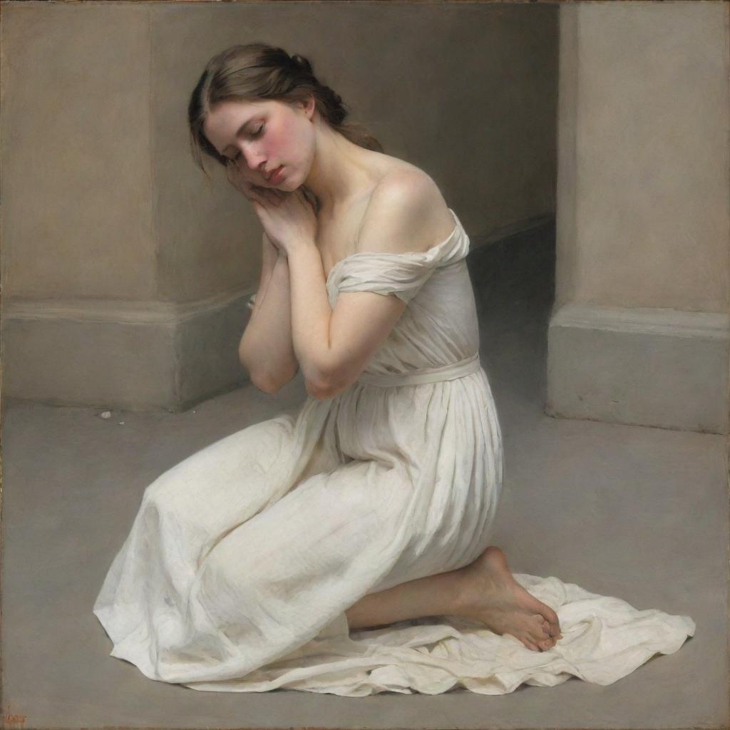 In the style of Carl Bloch, portray an adulterous woman kneeling on the ground with her shoulders bare in a moment of contrition