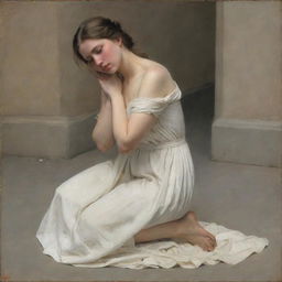 In the style of Carl Bloch, portray an adulterous woman kneeling on the ground with her shoulders bare in a moment of contrition