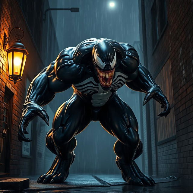 A large, menacing creature inspired by the character Venom, featuring a glossy black symbiote suit with white spider emblem, sharp fang-filled grin, and a muscular physique