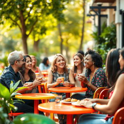 A vibrant and engaging scene capturing a diverse group of people in a lively conversation at an outdoor café