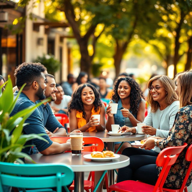 A vibrant and engaging scene capturing a diverse group of people in a lively conversation at an outdoor café