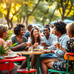 A vibrant and engaging scene capturing a diverse group of people in a lively conversation at an outdoor café