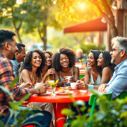 A vibrant and engaging scene capturing a diverse group of people in a lively conversation at an outdoor café