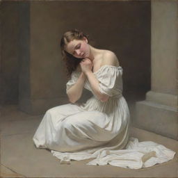 In the style of Carl Bloch, portray an adulterous woman kneeling on the ground with her shoulders bare in a moment of contrition