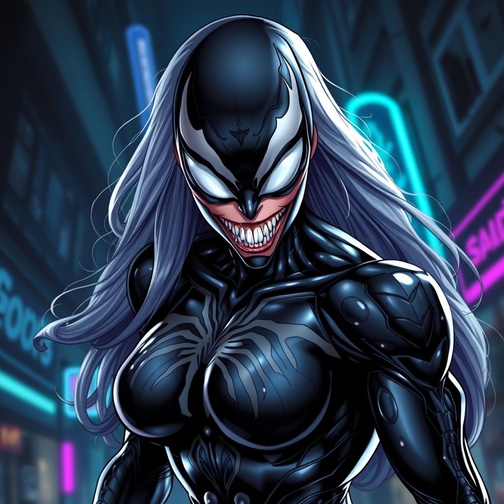 A striking female version of Venom, showcasing a powerful and dynamic pose