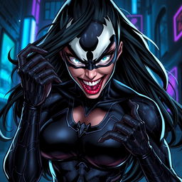A striking female version of Venom, showcasing a powerful and dynamic pose