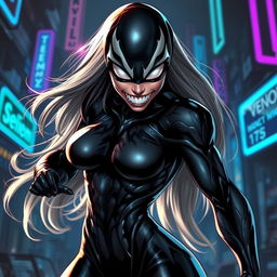 A striking female version of Venom, showcasing a powerful and dynamic pose