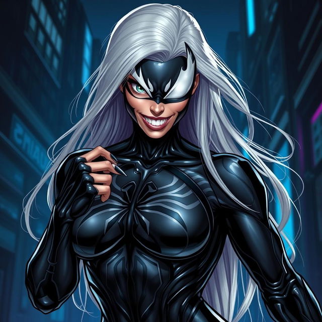 A striking female version of Venom, showcasing a powerful and dynamic pose