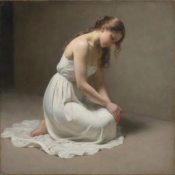 In the style of Carl Bloch, portray an adulterous woman kneeling on the ground with her shoulders bare in a moment of contrition