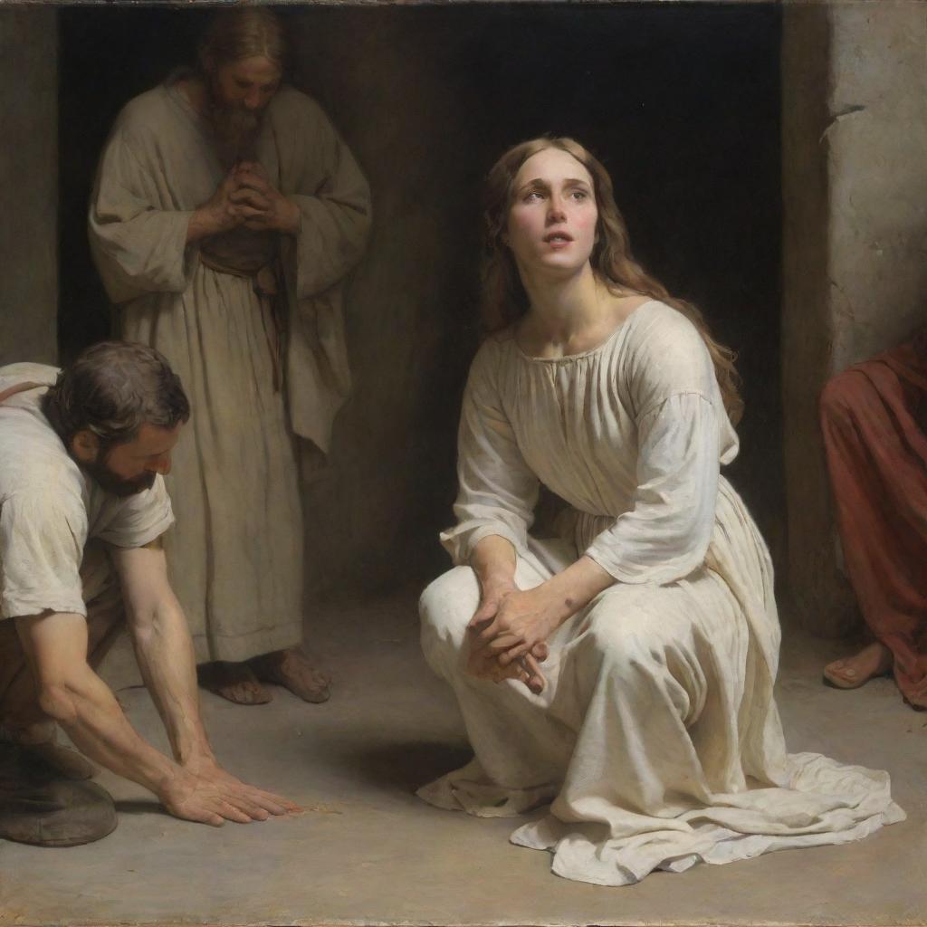 In the style of Carl Bloch, create a scene of Christ with the adulterous woman kneeling on the ground, her shoulders bare