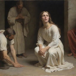 In the style of Carl Bloch, create a scene of Christ with the adulterous woman kneeling on the ground, her shoulders bare