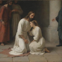 In the style of Carl Bloch, create a scene of Christ with the adulterous woman kneeling on the ground, her shoulders bare