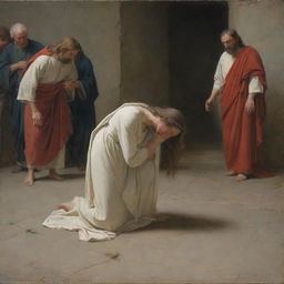 In the style of Carl Bloch, create a scene of Christ with the adulterous woman kneeling on the ground, her shoulders bare