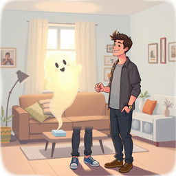 A heartfelt illustration depicting a man holding hands with a friendly ghost in a cozy apartment background