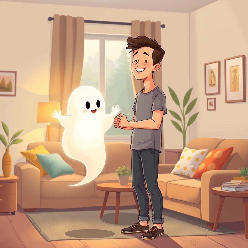 A heartfelt illustration depicting a man holding hands with a friendly ghost in a cozy apartment background