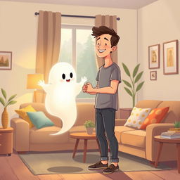 A heartfelt illustration depicting a man holding hands with a friendly ghost in a cozy apartment background