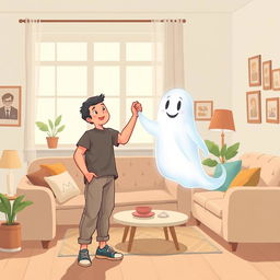 A heartfelt illustration depicting a man holding hands with a friendly ghost in a cozy apartment background