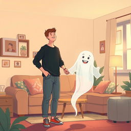 A heartfelt illustration depicting a man holding hands with a friendly ghost in a cozy apartment background