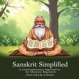 An illustration of a wise sage reading Sanskrit scriptures, surrounded by a serene and tranquil environment