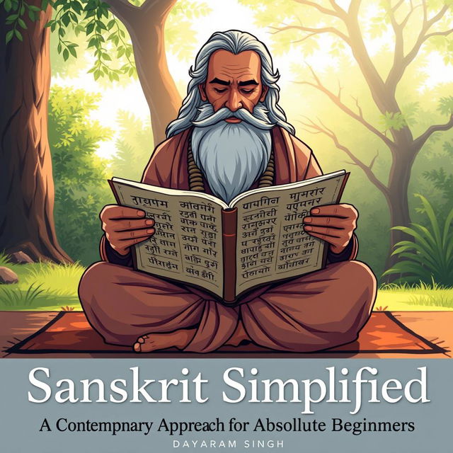 An illustration of a wise sage reading Sanskrit scriptures, surrounded by a serene and tranquil environment