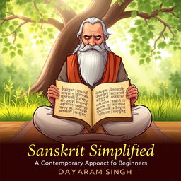 An illustration of a wise sage reading Sanskrit scriptures, surrounded by a serene and tranquil environment
