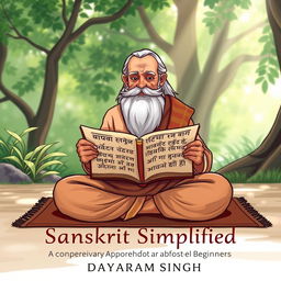 An illustration of a wise sage reading Sanskrit scriptures, surrounded by a serene and tranquil environment