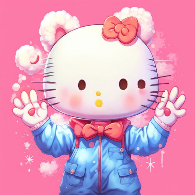 Hello Kitty in a blue overall dress, waving against a pastel pink background with fluffy clouds.