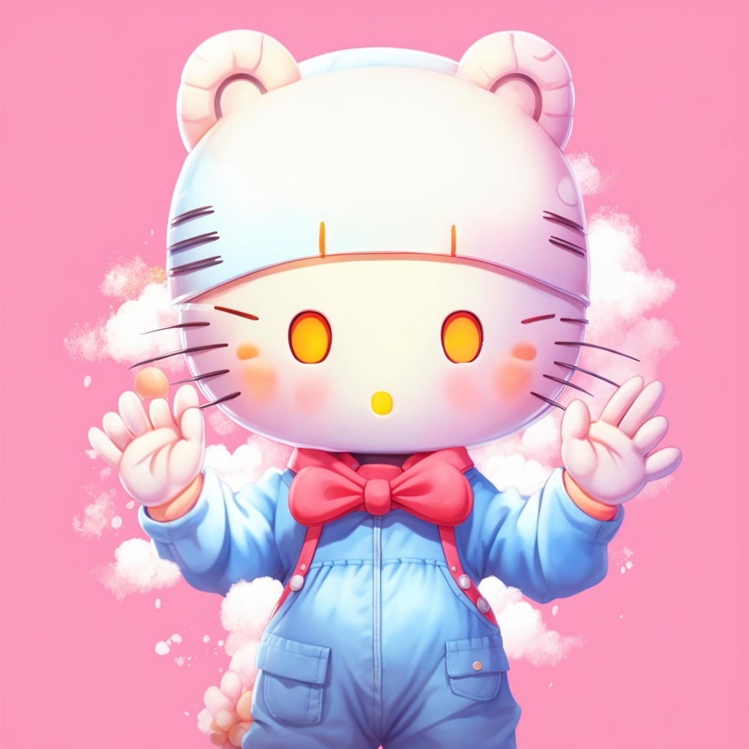 Hello Kitty in a blue overall dress waving against a pastel pink background with fluffy clouds.