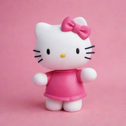 Adorable Hello Kitty in a playful pose on a vibrant pink background.