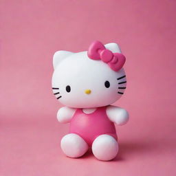 Adorable Hello Kitty in a playful pose on a vibrant pink background.