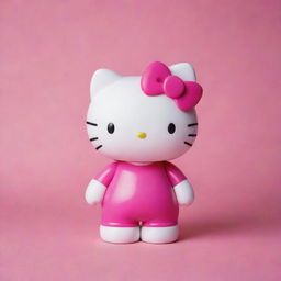 Adorable Hello Kitty in a playful pose on a vibrant pink background.