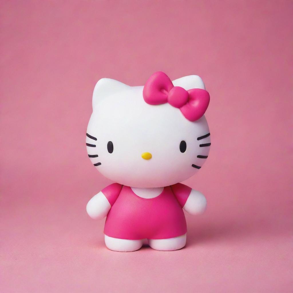 Adorable Hello Kitty in a playful pose on a vibrant pink background.