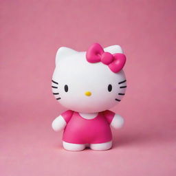 Adorable Hello Kitty in a playful pose on a vibrant pink background.