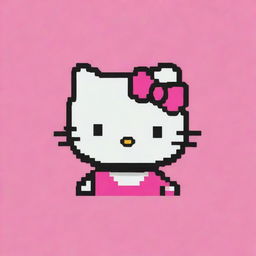 Hello Kitty as a vibrant pixel art, composed of small colored squares, on a contrasting pink background.