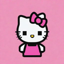 Hello Kitty as a vibrant pixel art, composed of small colored squares, on a contrasting pink background.