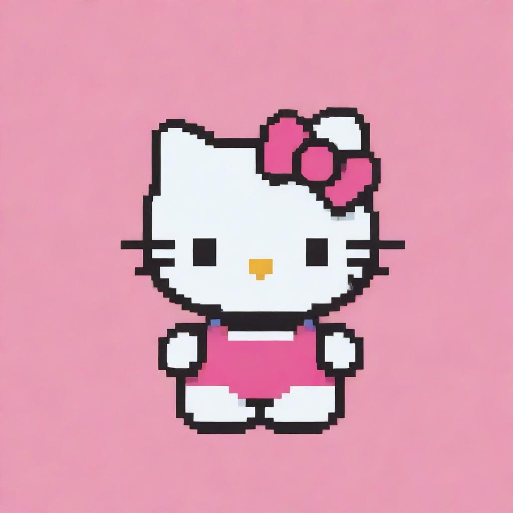 A pixel art representation of Hello Kitty, composed of vibrant block-like pixels, on a pink background.