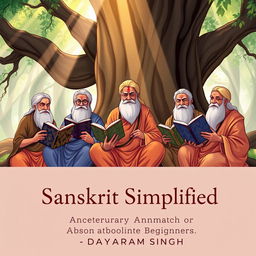 An evocative illustration featuring multiple sages reading sacred Hindu texts in a tranquil, sun-dappled forest setting