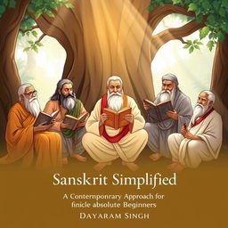 An evocative illustration featuring multiple sages reading sacred Hindu texts in a tranquil, sun-dappled forest setting