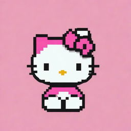 A pixel art representation of Hello Kitty, composed of vibrant block-like pixels, on a pink background.