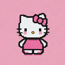 A pixel art representation of Hello Kitty, composed of vibrant block-like pixels, on a pink background.