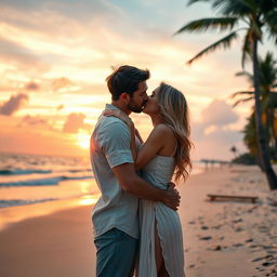 A visually stunning cinematic scene featuring a romantic embrace between two attractive adults on a beautiful beach at sunset