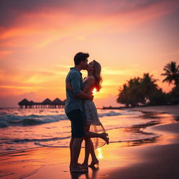 A visually stunning cinematic scene featuring a romantic embrace between two attractive adults on a beautiful beach at sunset