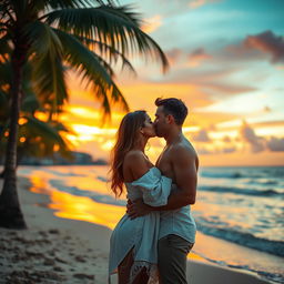A visually stunning cinematic scene featuring a romantic embrace between two attractive adults on a beautiful beach at sunset