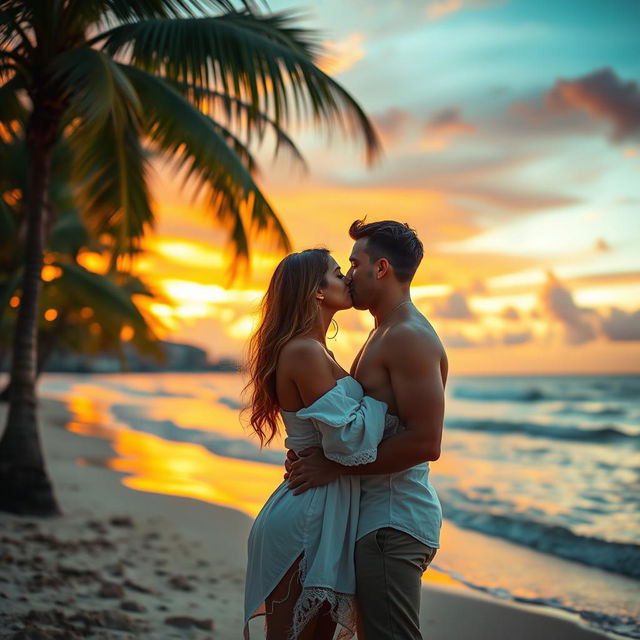 A visually stunning cinematic scene featuring a romantic embrace between two attractive adults on a beautiful beach at sunset