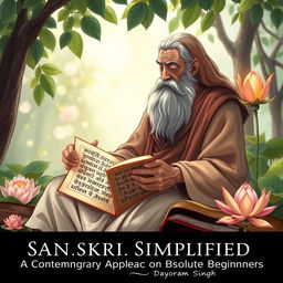 An inspiring illustration of a sage deeply immersed in reading sacred Hindu texts, seated in a serene environment