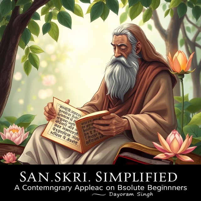 An inspiring illustration of a sage deeply immersed in reading sacred Hindu texts, seated in a serene environment