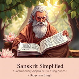 An inspiring illustration of a sage deeply immersed in reading sacred Hindu texts, seated in a serene environment